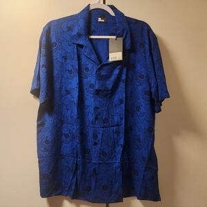 The Kooples Graphic Poppies Short Sleeve Blue Shirt Large $190 NWT